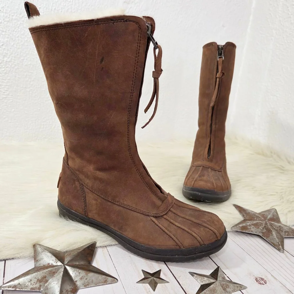 UGG Arquette front zip leather duck boot dark brown nubuck winter shearling sz 7